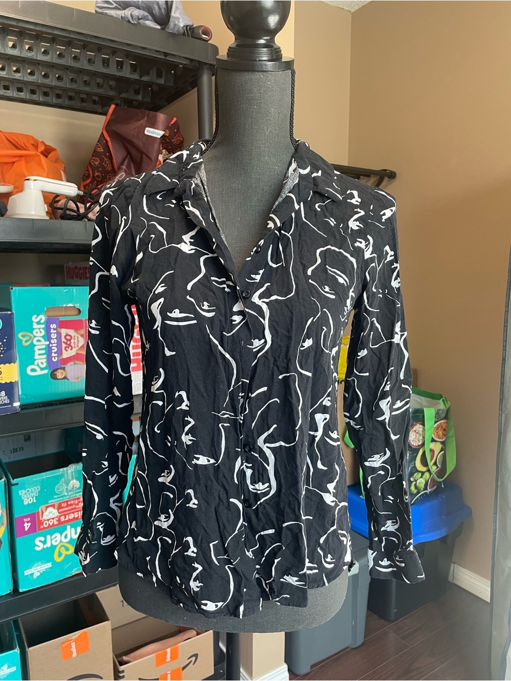 Black Button-Down Shirt with White Abstract Face Print